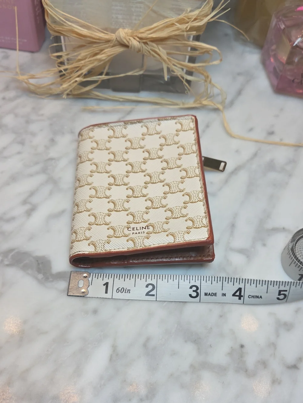 EUC Celine Triomphe Canvas & Leather Wallet Card Holder in Beige and Brown Trim